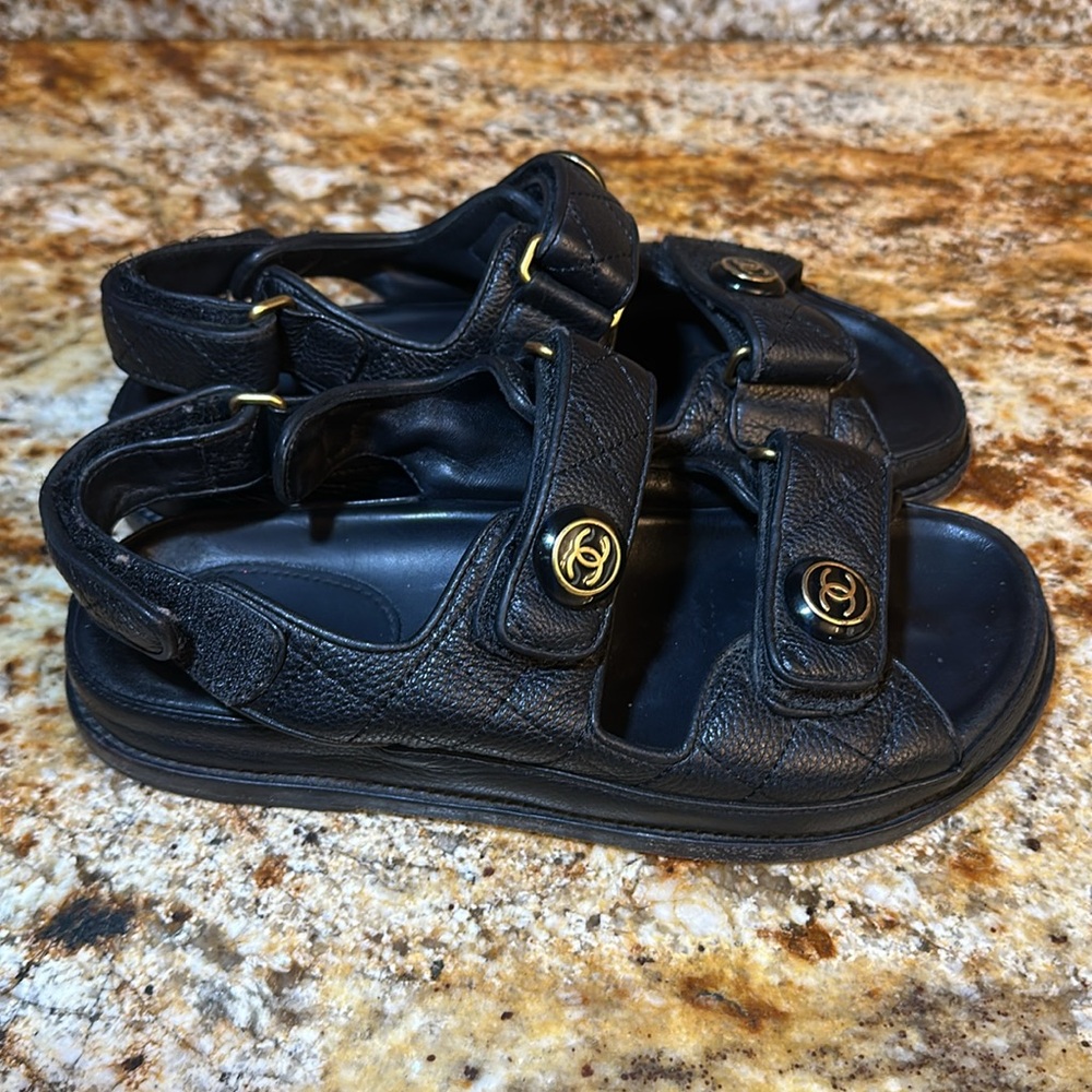 CHANEL Black Leather Dad Sandals - Picture 2 of 9